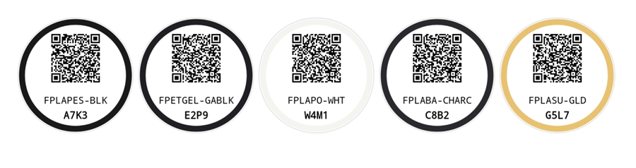A row of round QR spool tags, each with a colour-matched ring and short code