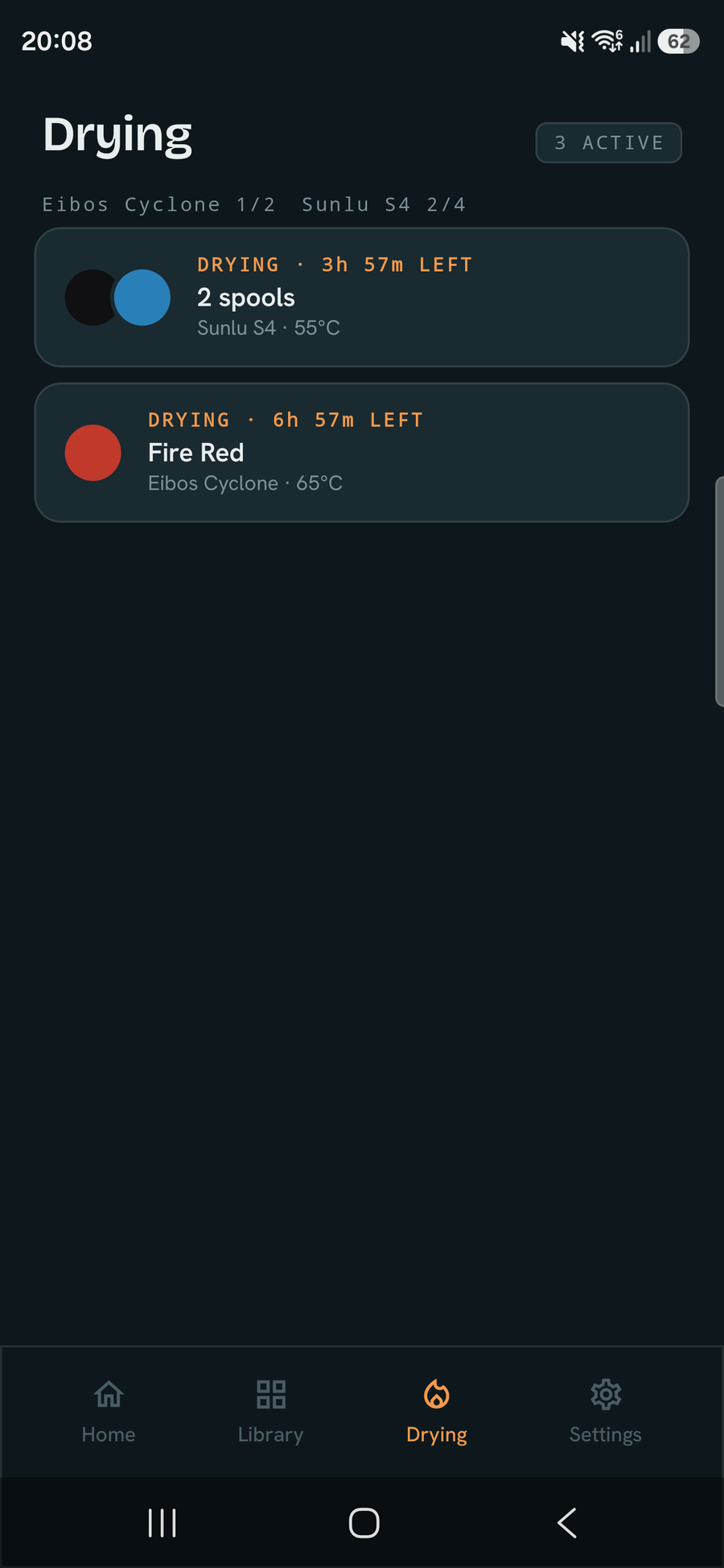 Drying tab listing every active session with its dryer, temperature and time remaining