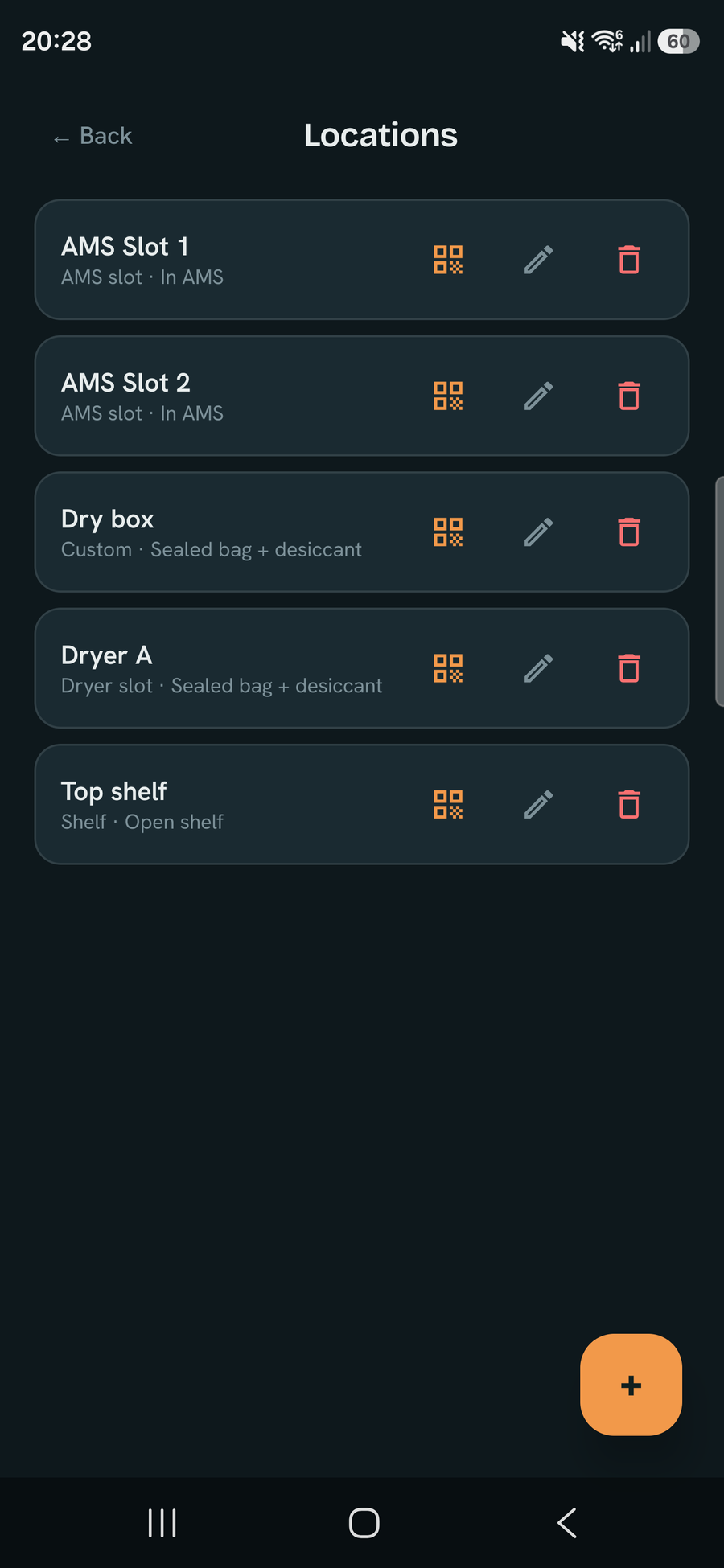 Manage locations: AMS slots, dry box, dryer and shelf, each with a QR-print, edit and delete action